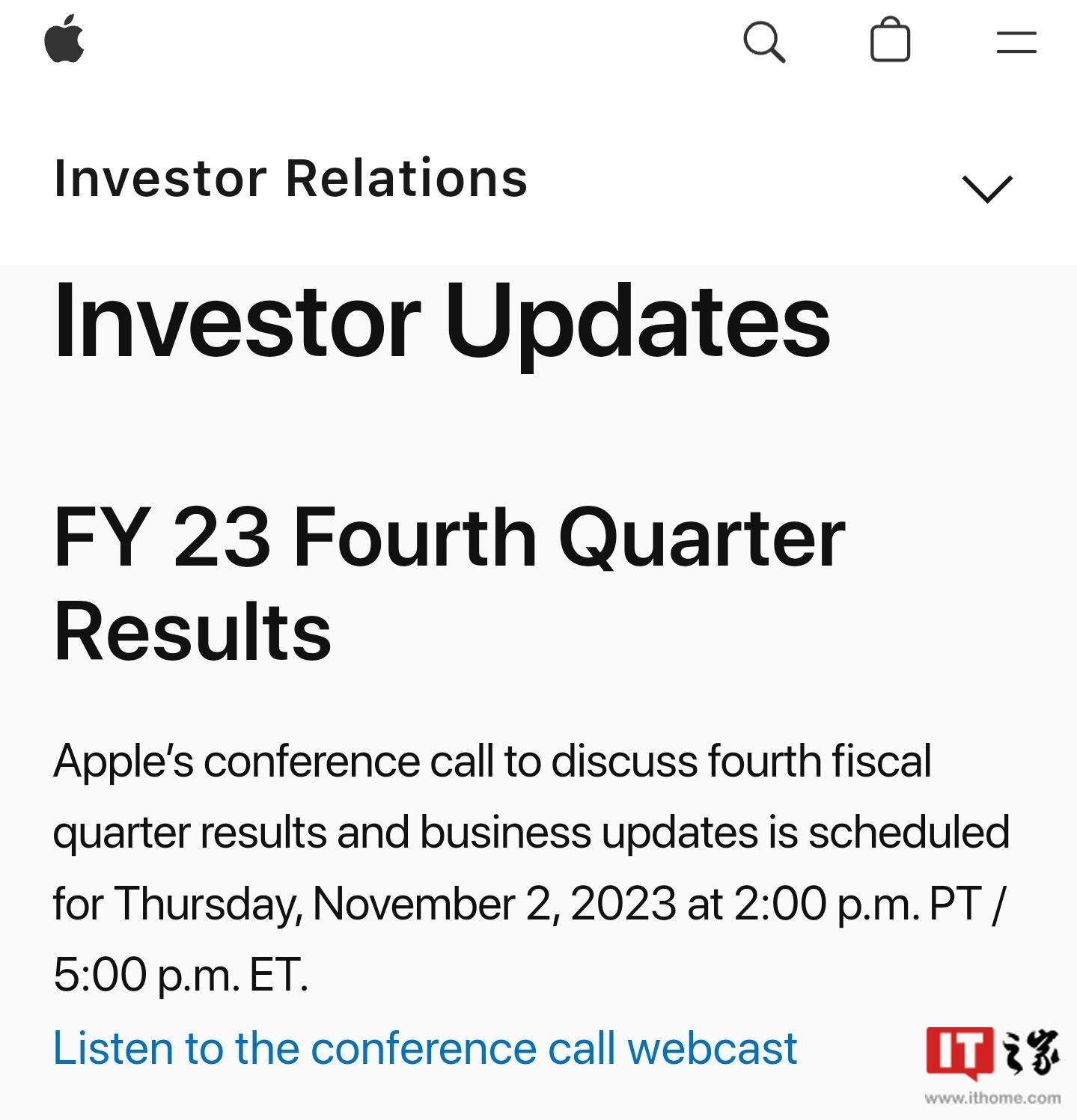 苹果将于11月2日公布今年第四财季财报,iPhone15手机上市后首次