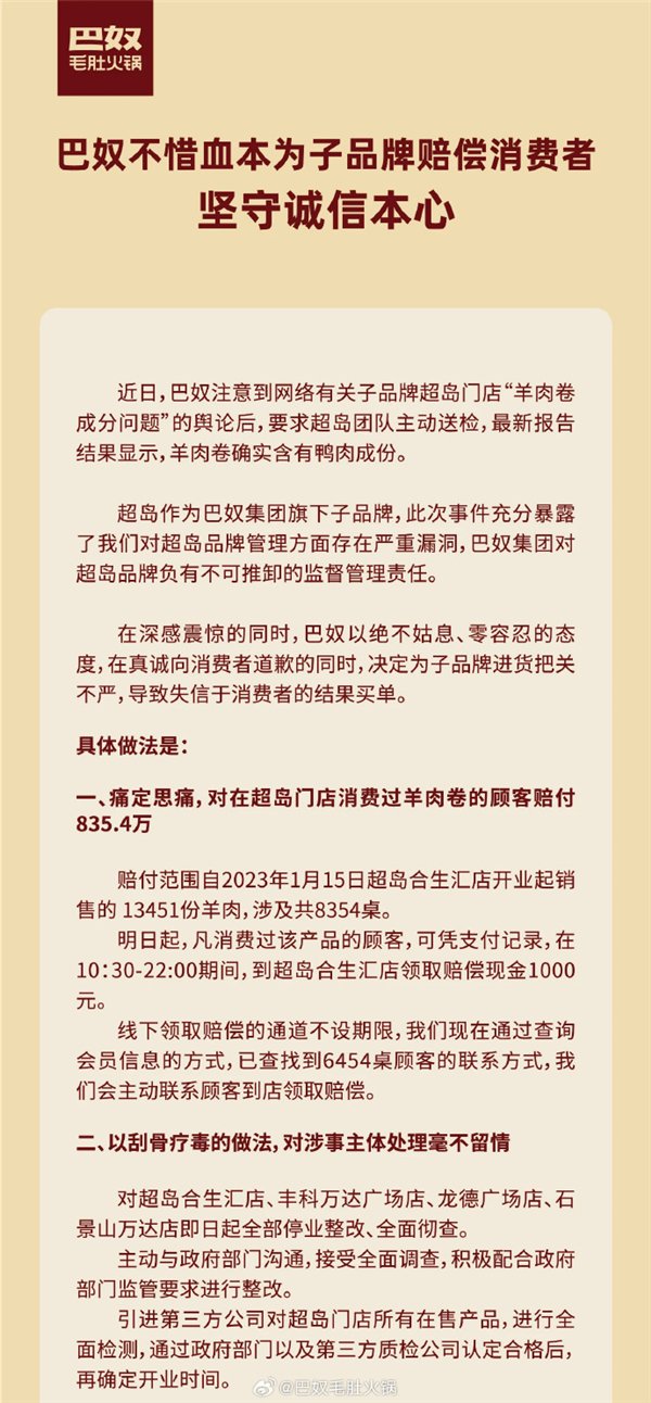 巴奴旗下超岛门店售“假羊肉”被罚没44万:此前向顾客赔偿835.4万元