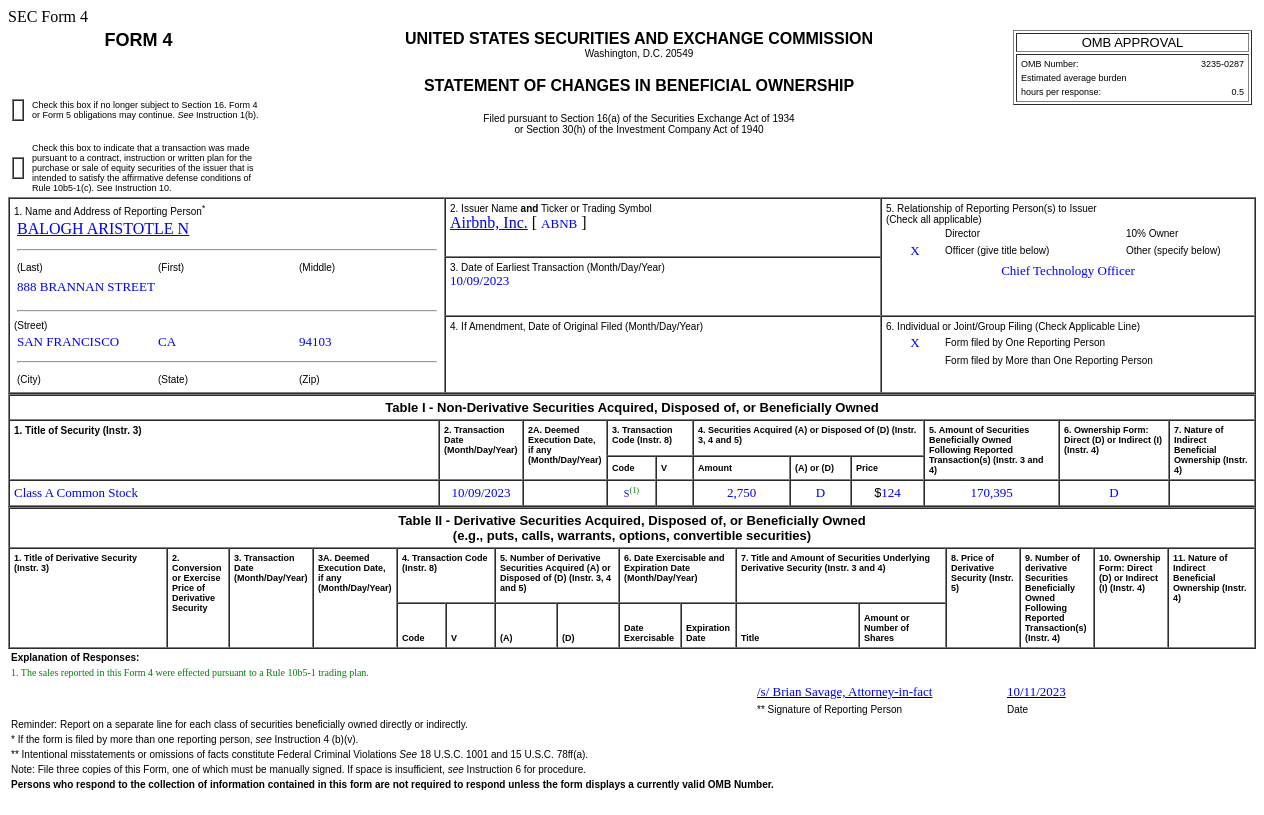 爱彼迎(ABNB.US)首席技术官售出2,750普通股股份，价值约34.1万美元