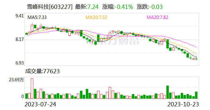 雪峰科技现2笔大宗交易 合计成交766.89万股