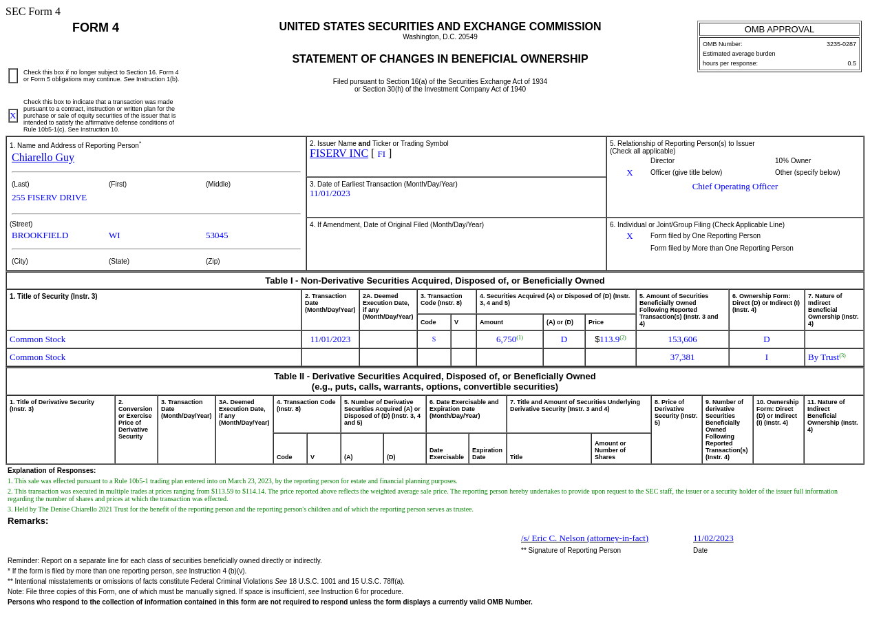 费哲金融服务(FI.US)首席运营官售出6,750普通股股份，价值约76.88万美元