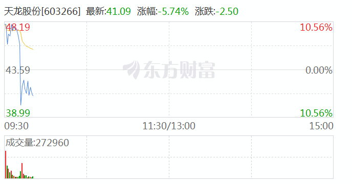 市场人气股天龙股份快速跳水 上演“天地板”