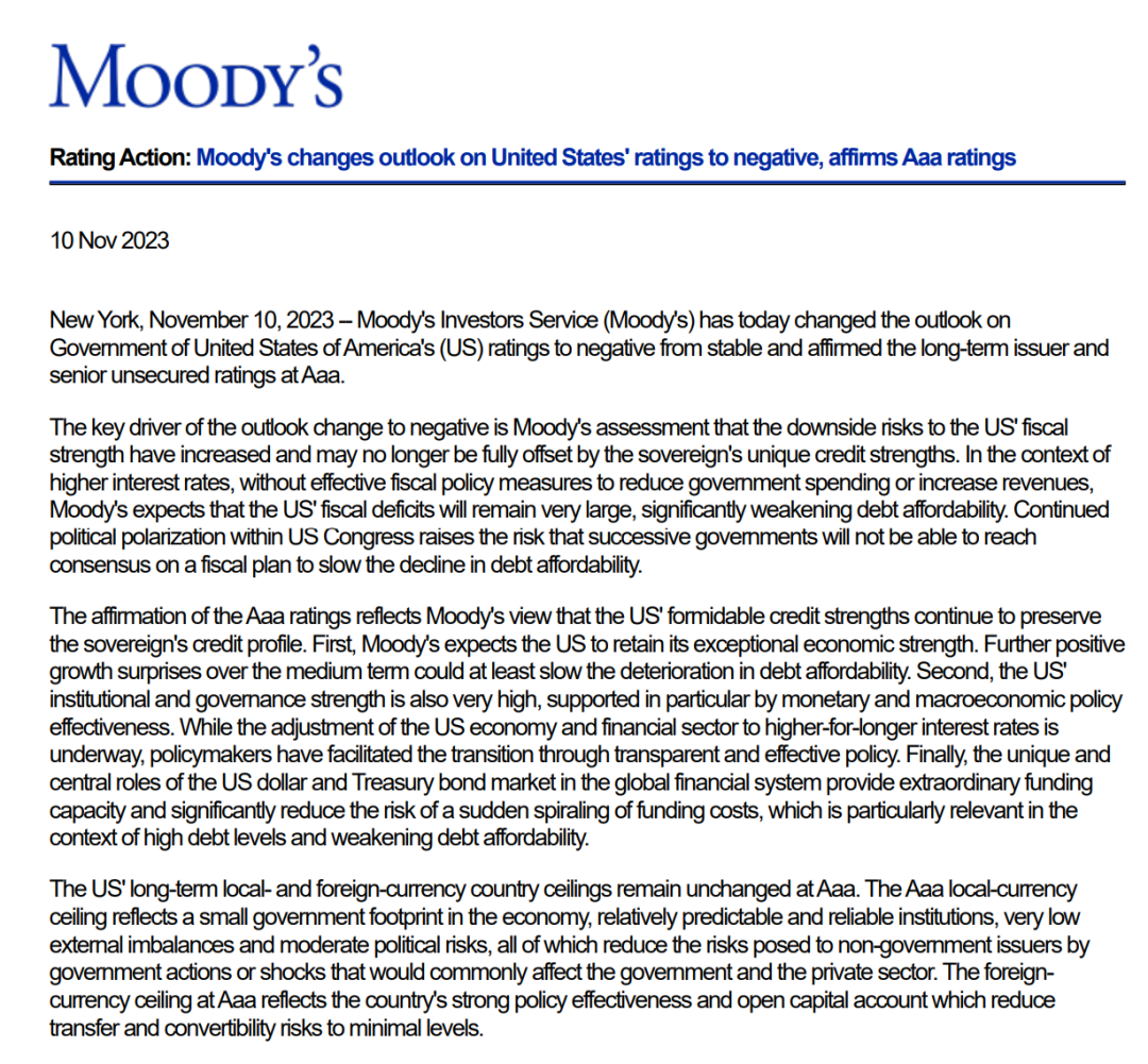 外媒:穆迪将美国评级展望下调至“负面”,华盛顿怒了