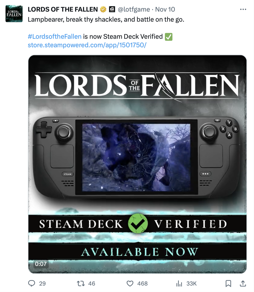 《堕落之主》通过 Steam Deck 掌机兼容认证,最新游戏补丁优化 HDR 等内容