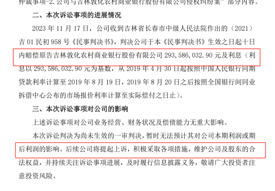 图为诉讼事项的进展公告,东北证券表示将提起上诉