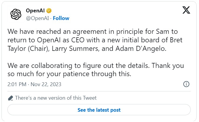 OpenAI“宫斗戏”落幕！Sam Altman回归担任CEO，组建新董事会