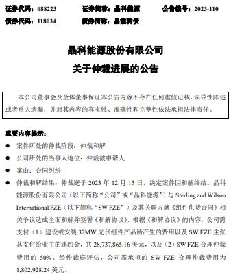 赔偿2.18亿元!晶科能源公布一仲裁案最新进展