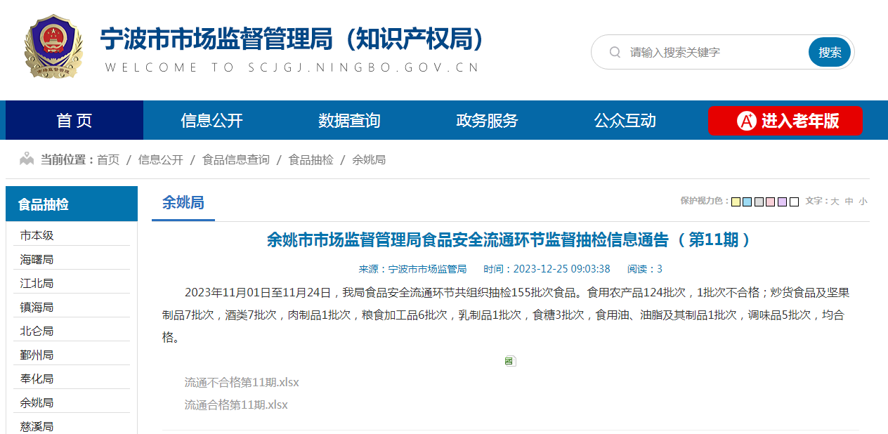 余姚市市场监督管理局食品安全流通环节监督抽检信息通告(第11期)