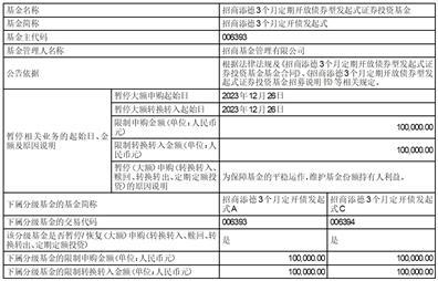 关于暂停招商添德3个月定期开放债券型发起式证券投资基金大额申购和转换转入业务的公告