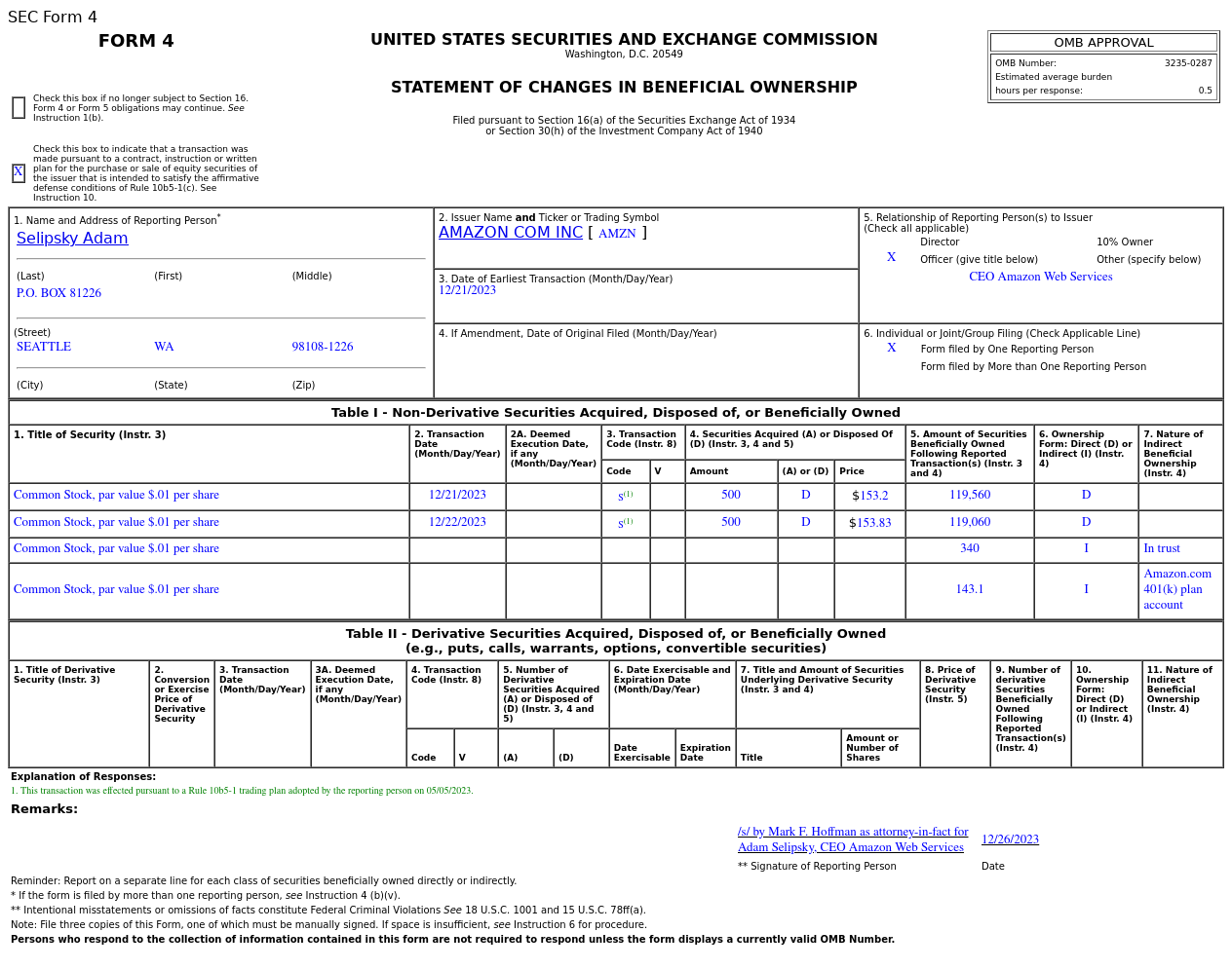 亚马逊(AMZN.US)网络服务首席执行官售出1,000股普通股股份，价值约15.35万美元