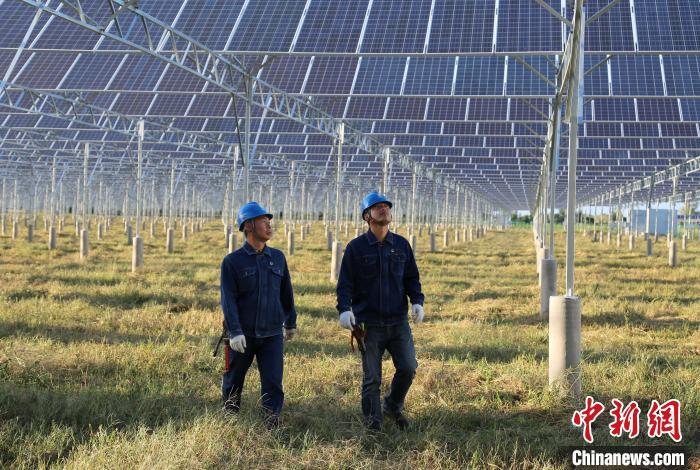 電力工人檢查光伏發電設施。國網吉林省電力有限公司供圖