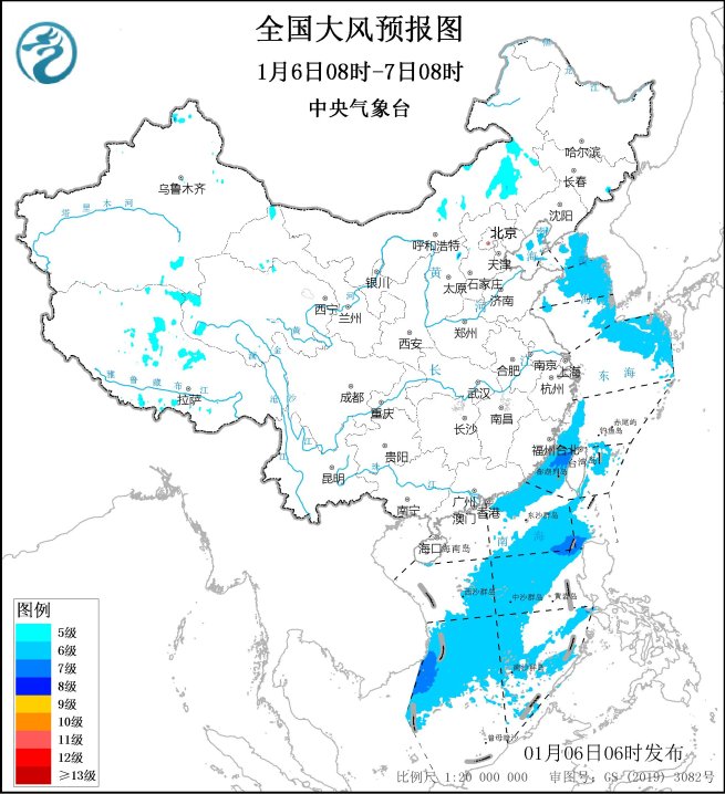 中央气象台：大风预报24小时（01/06）