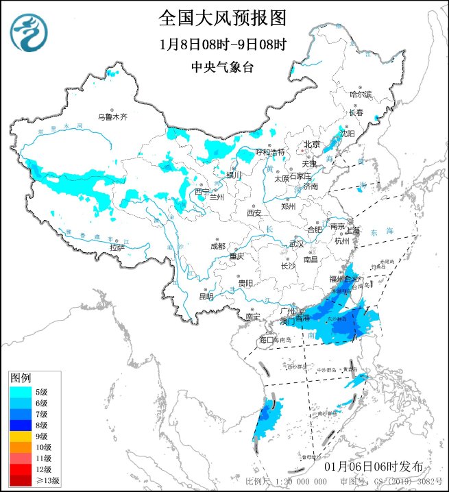 中央气象台：大风预报72小时（01/06）