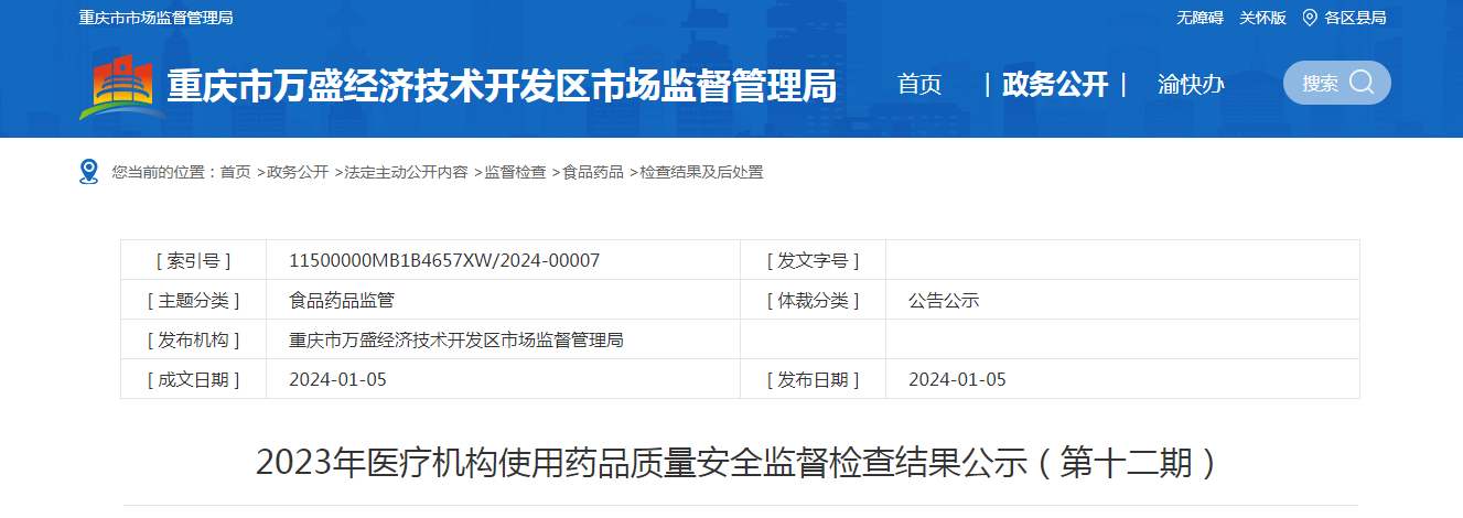 2023年医疗机构使用药品质量安全监督检查结果公示(第十二期)
