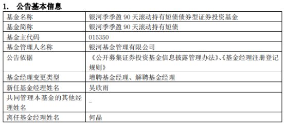 银河季季盈90天滚动持有短债增聘吴欣雨 何晶离任
