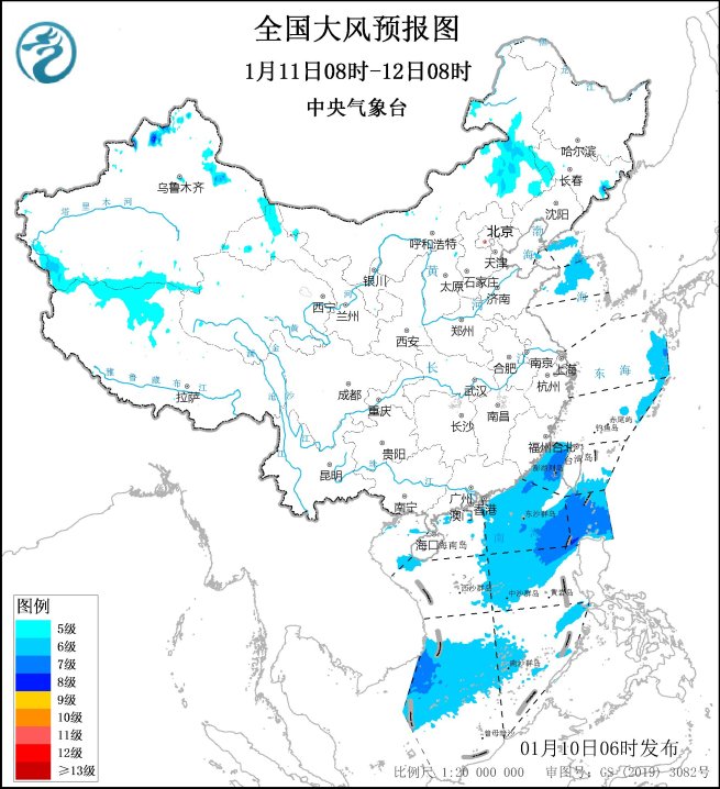 中央气象台：大风预报48小时（01/10）