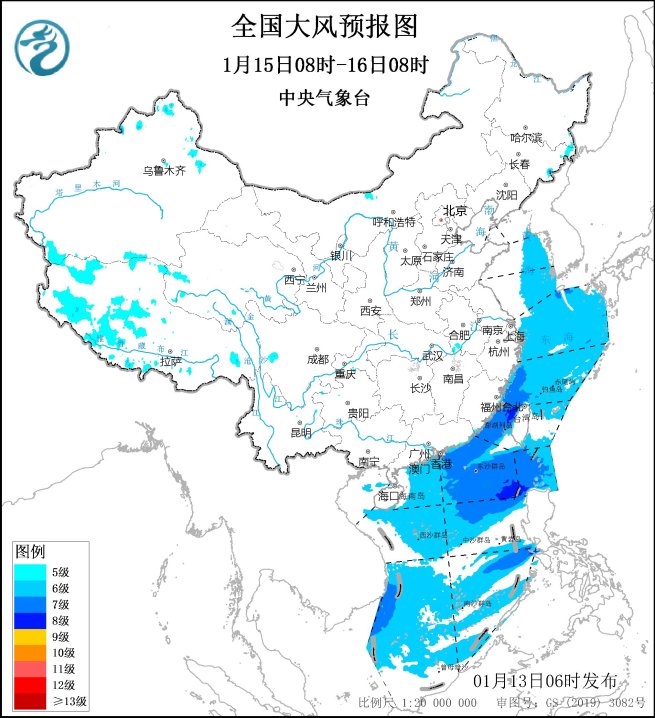 中央气象台：大风预报72小时（01/13）