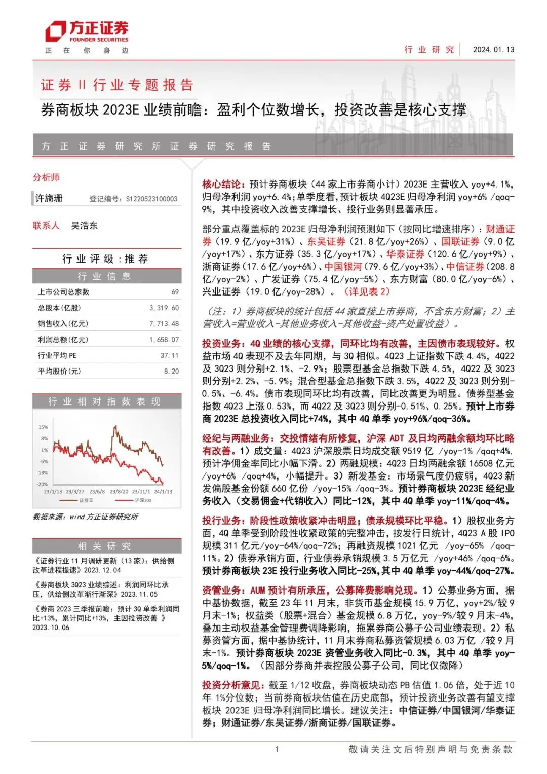 【方正金融】券商板块2023E业绩前瞻：盈利个位数增长，投资改善是核心支撑