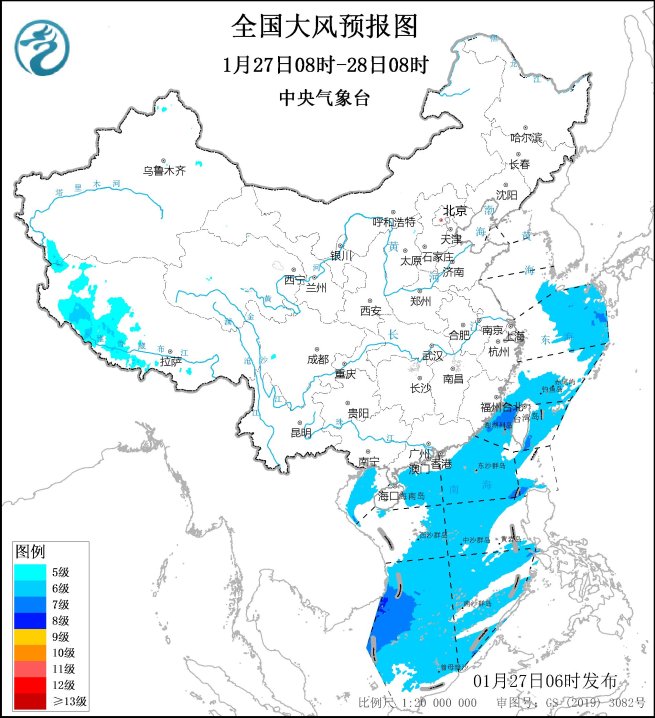 气象台发布大风预警中央气象台：大风预报24小时（0127）,第1张