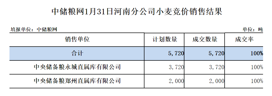 2024年1月31日中储粮河南分公司小麦竞价销售结果