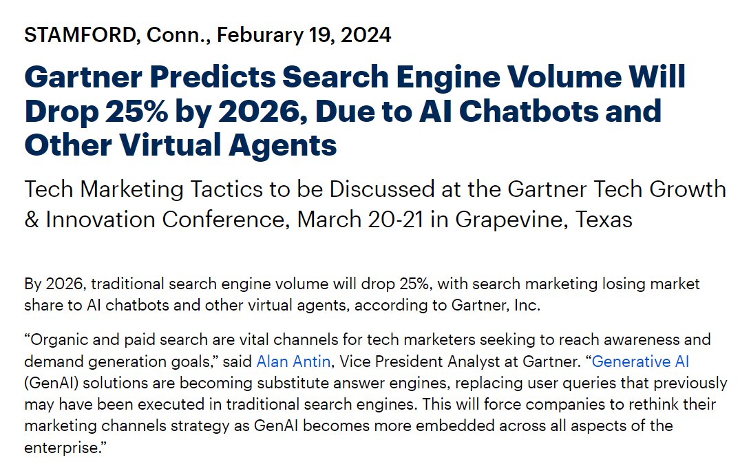 “AI的代价”进入视野：Gartner预期两年内搜索引擎流量下降25%