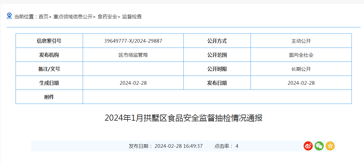 2024年1月拱墅区食品安全监督抽检情况通报