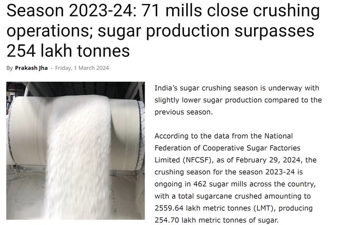 印度食糖产量截至2月29日印度已产糖2547万吨同比减1.68%,第1张