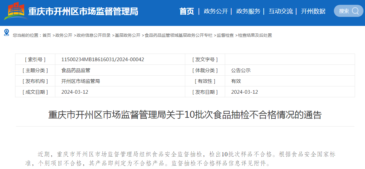 重庆市开州区市场监督管理局关于10批次食品抽检不合格情况的通告