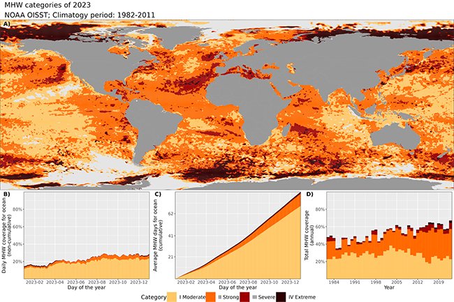 全球海洋熱浪等級圖 圖片來源：WMO
