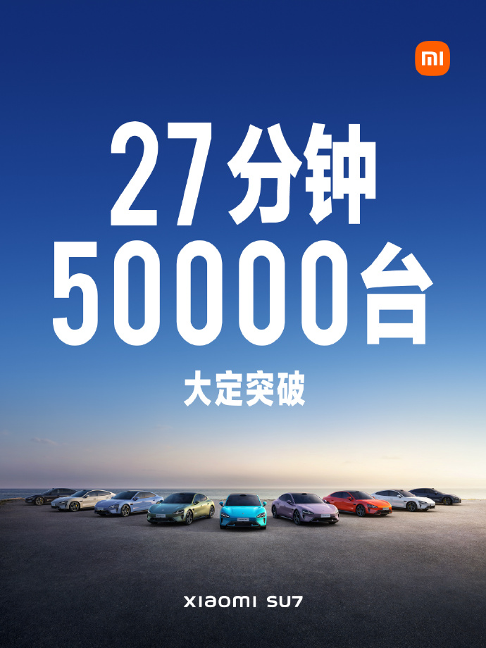 （更新：27 分钟突破 5 万台）小米汽车 SU7 4 分钟大定突破 1 万台、7 分钟破 2 万台，雷军称用户热情很高