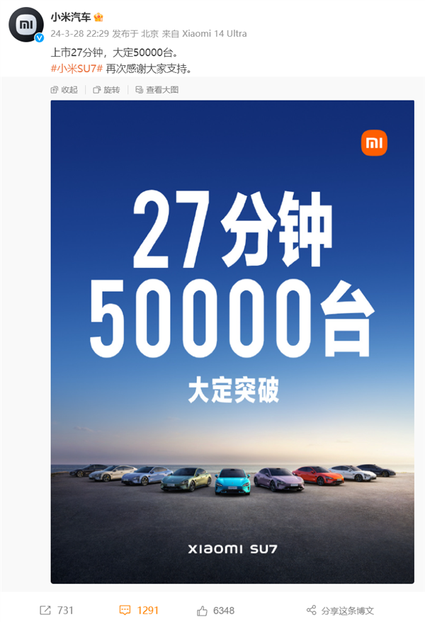 雷神成了！小米汽车SU7上市27分钟 大定破5万台