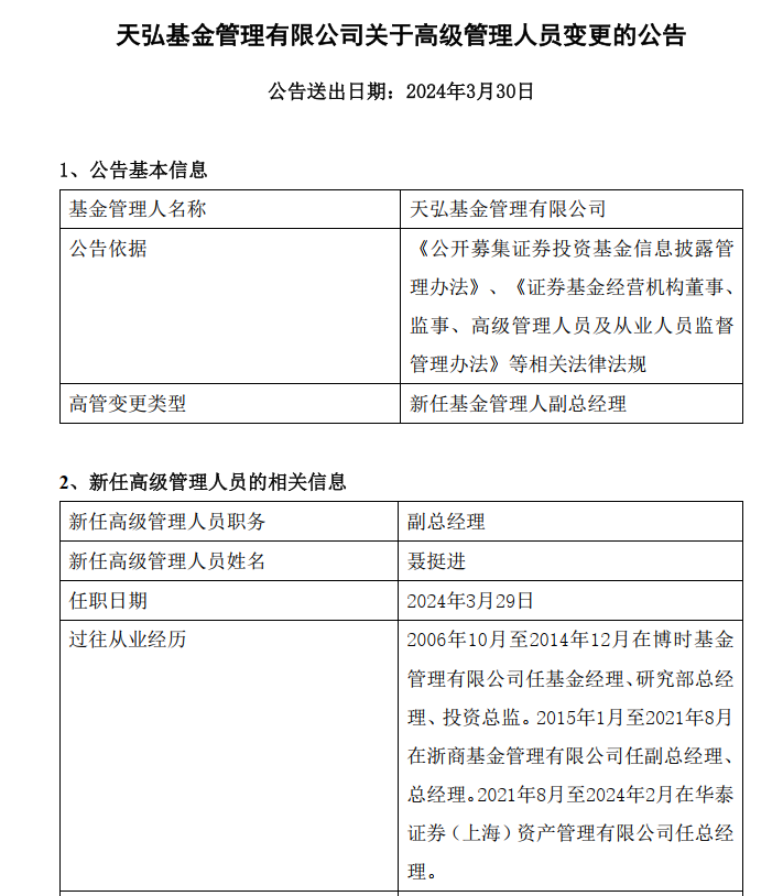 万亿级公募高管变动！聂挺进新任天弘基金副总经理，曾任博时基金投资总监、浙商基金总经理、华泰资管总经理