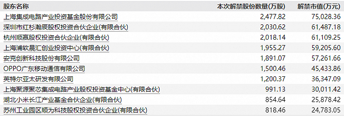 南芯科技本次限售股解禁股东前十