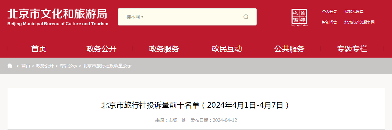 北京市旅行社投诉量前十名单(2024年4月1日-4月7日)