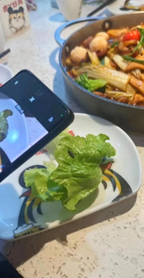 顾客称用餐时餐厅菜叶上出现蚂蝗(受访者供图)。