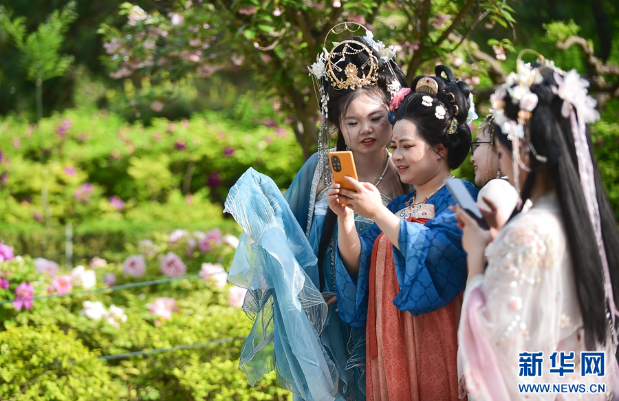   4月14日，洛陽市中國國花園牡丹觀賞區，遊客身著漢服在參觀遊玩。