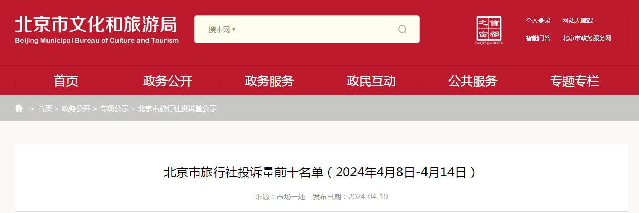北京市旅行社投诉量前十名单(2024年4月8日-4月14日)