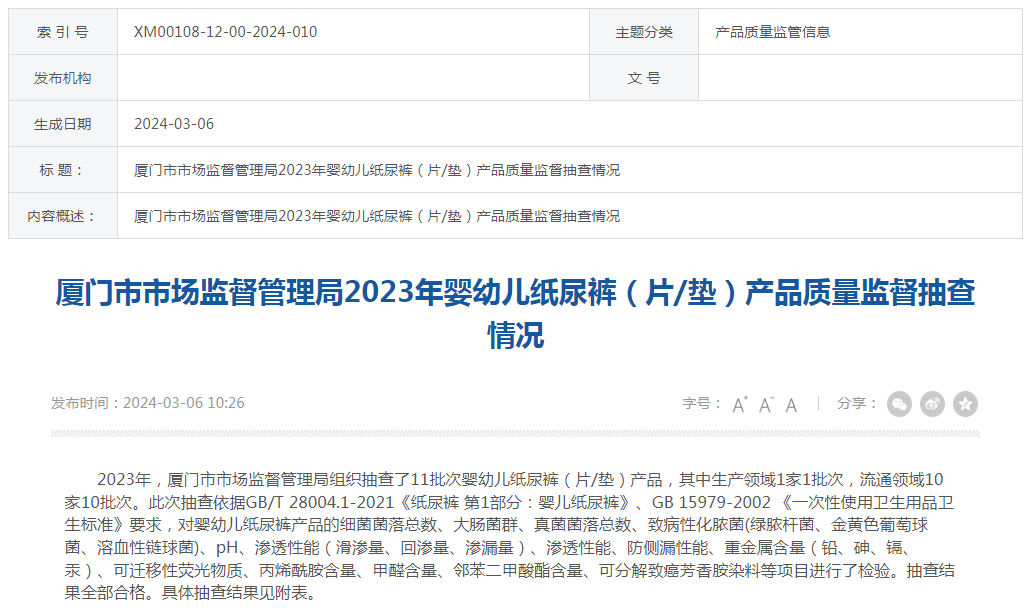厦门市市场监督管理局2023年婴幼儿纸尿裤(片/垫)产品质量监督抽查情况