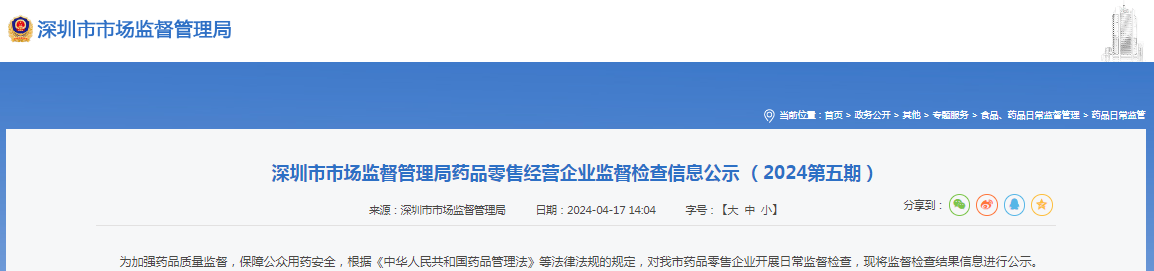 深圳市市场监督管理局药品零售经营企业监督检查信息公示 (2024第五期)