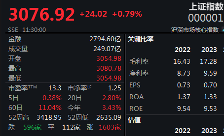 北向资金半日涌入135亿元，沪指高开高走涨0.79%