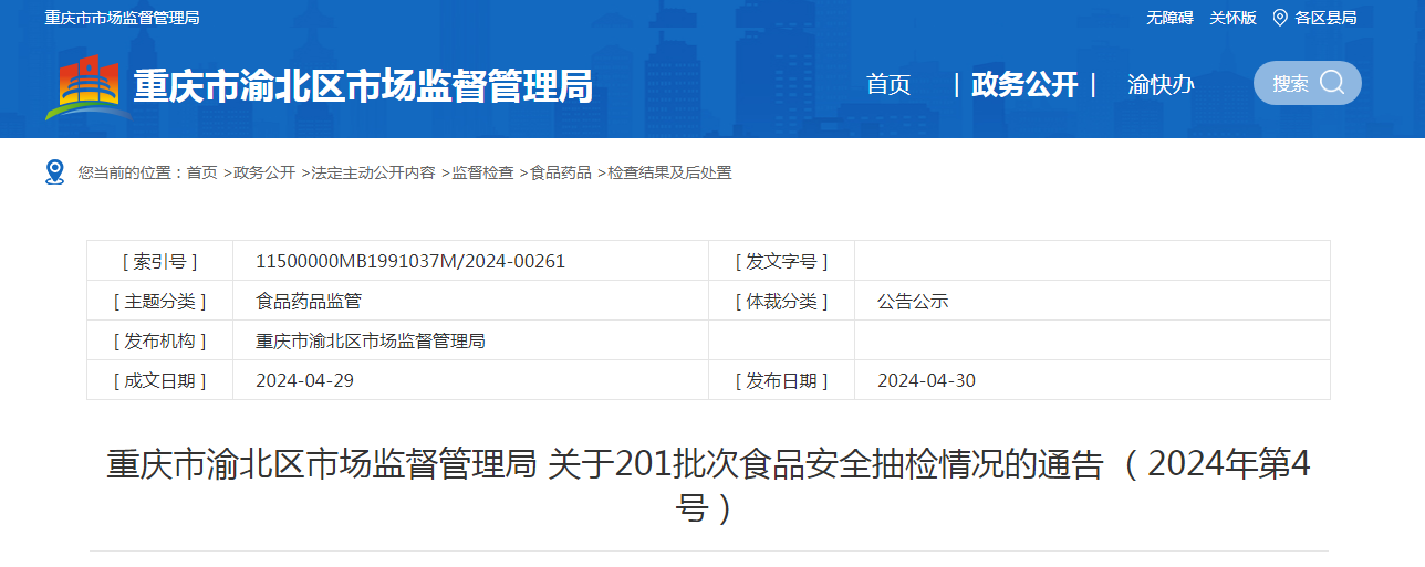 重庆市渝北区市场监督管理局关于201批次食品安全抽检情况的通告(2024年第4号)
