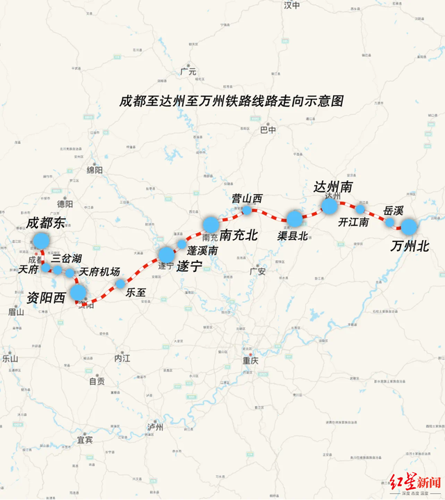 成都至达州至万州铁路线路走向示意图 图据西南铁路