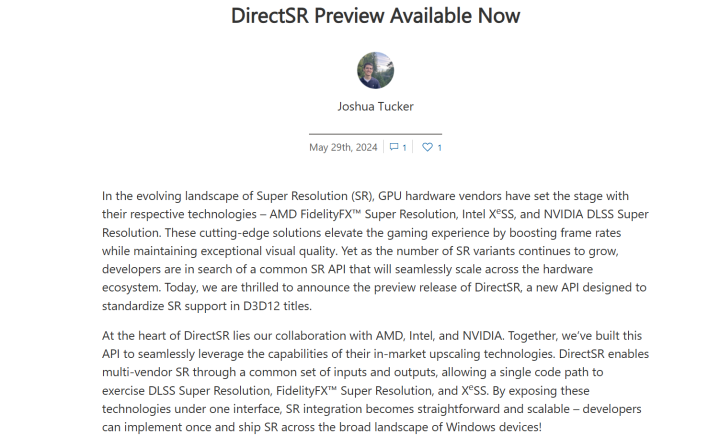 微软DirectSR预览版发布 更加高效内置FSR 2.2.2