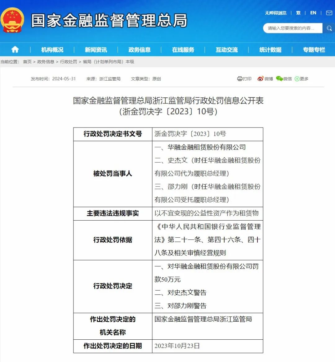 325万元！首批金融租赁公司华融金租被罚