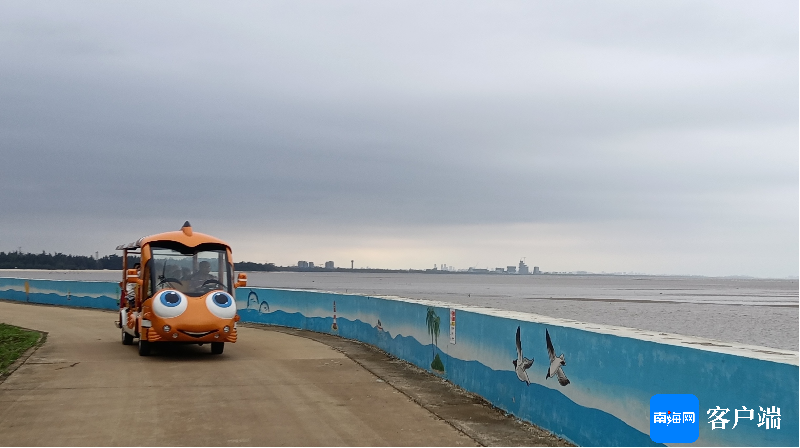 图为北港岛观光车载客绕岛参观,环岛公路旁就是绵长的防潮堤。