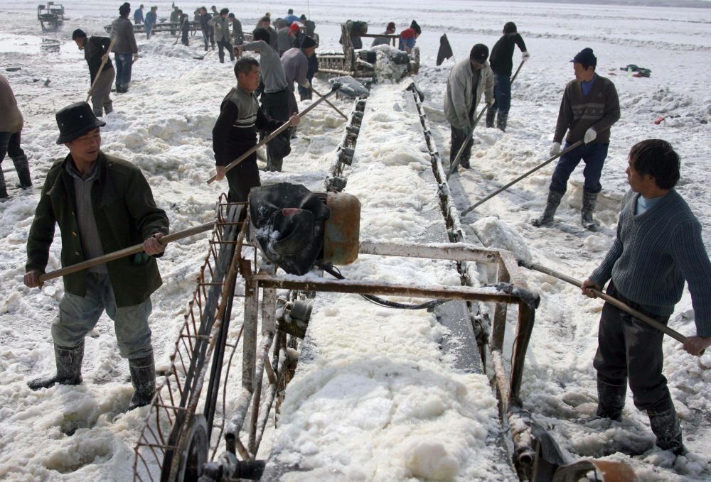 2009年2月11日,铲硝工人在运城盐湖铲收芒硝。