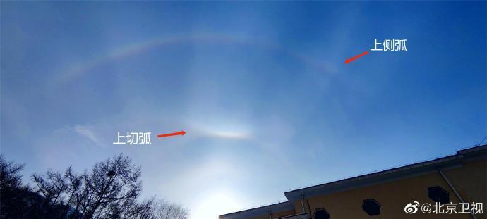 2023年2月15日早晨在北京百花山国家级自然保护区，出现了上切弧，上侧弧天象。图/北京卫视