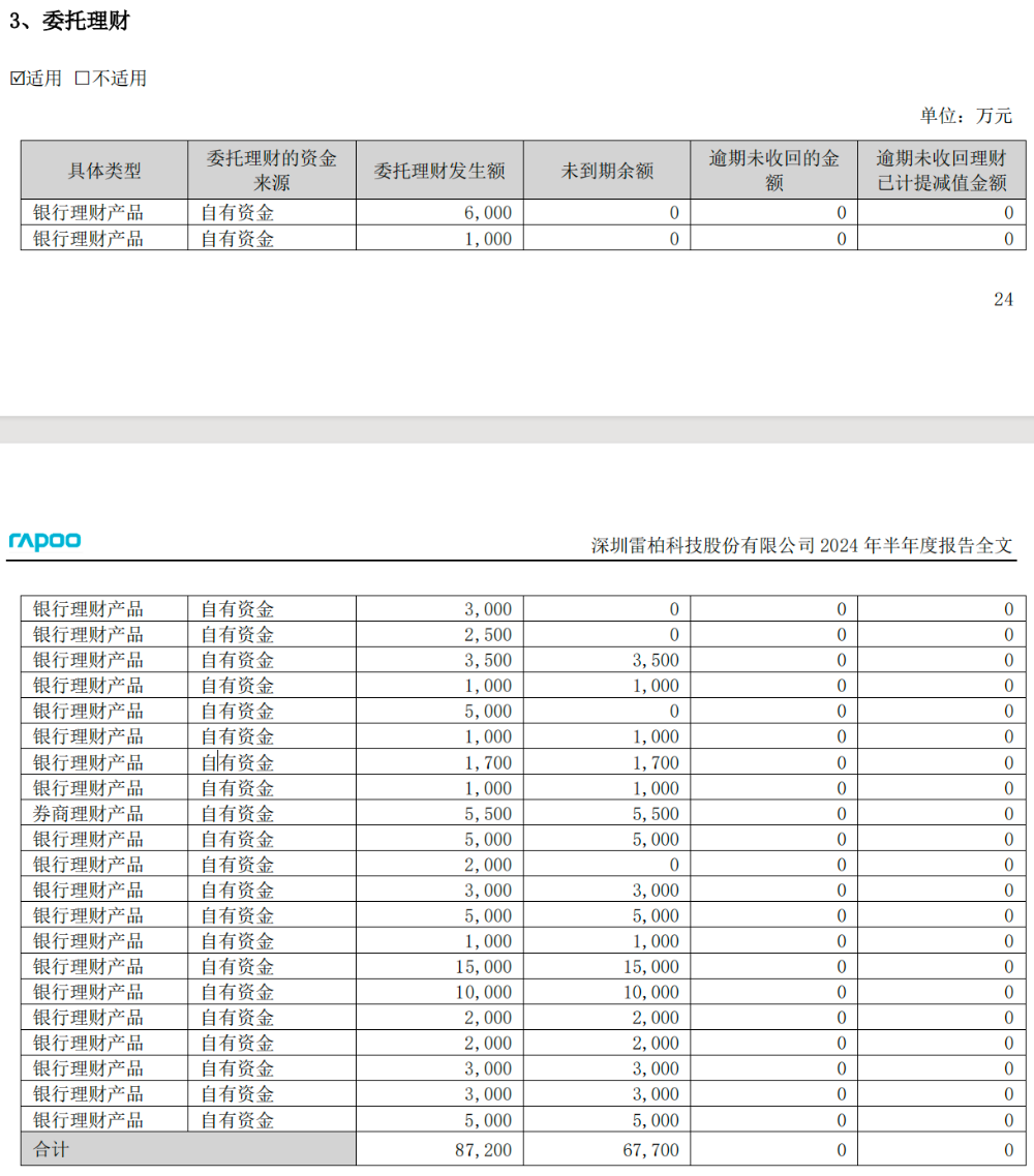 委托理财清单 来源:雷柏科技2024年度半年报