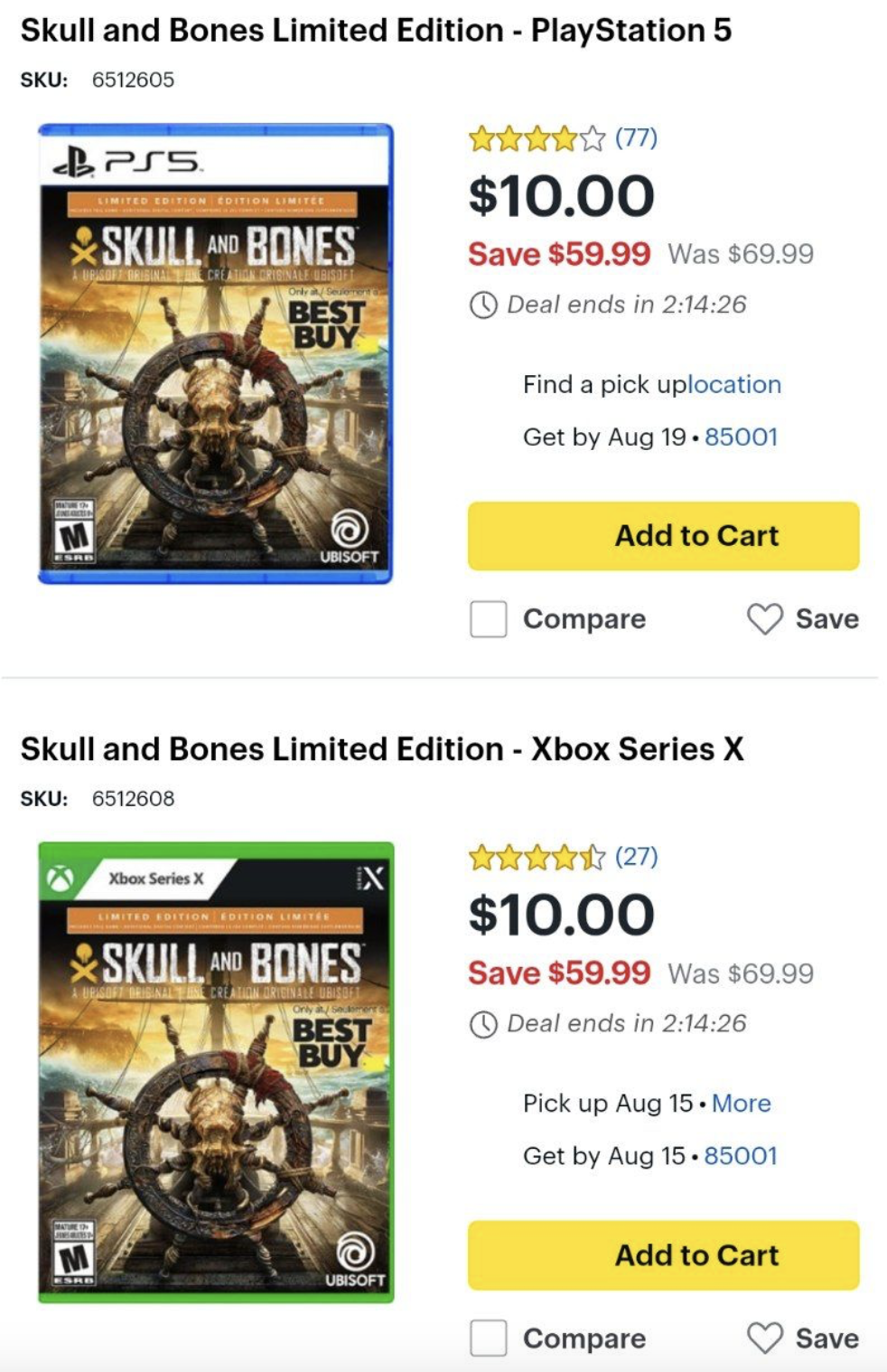 育碧游戏《碧海黑帆》发售半年价格大跳水,海外电商百思买 10 美元出售