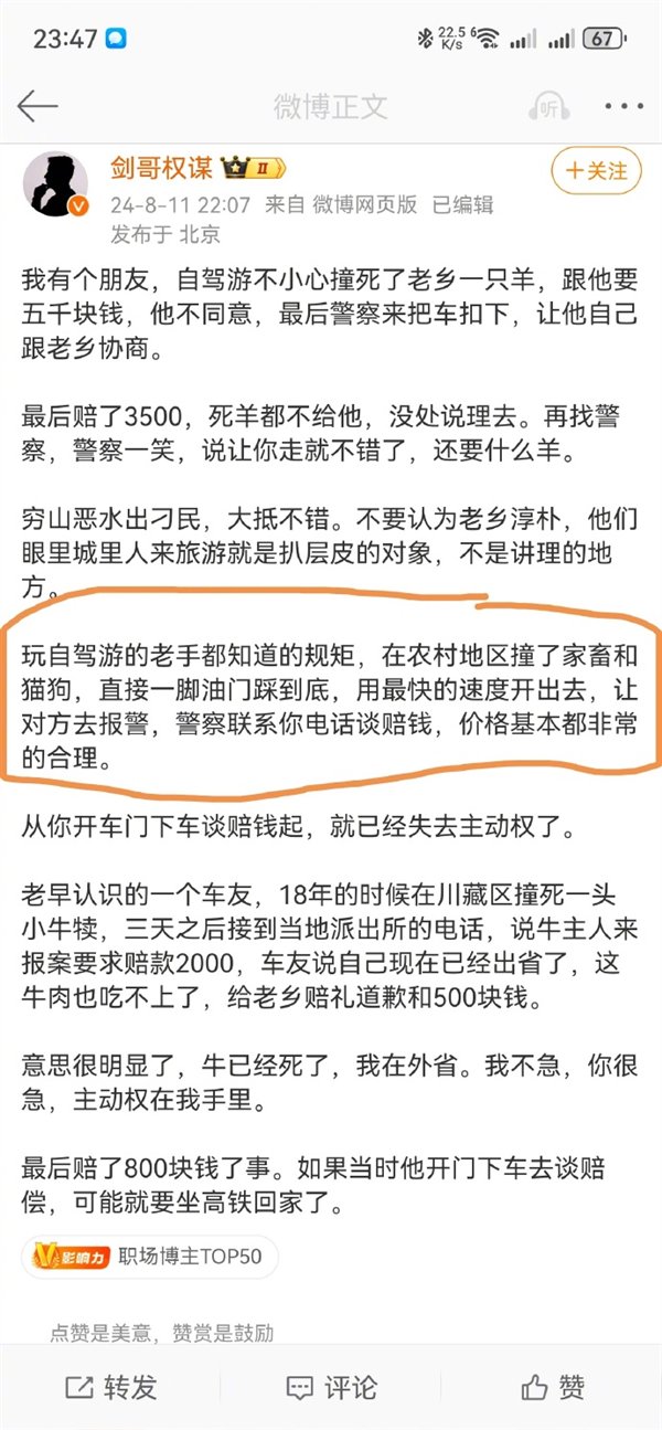 农村撞死羊赔3500不让带走 有人建议应该第一时间跑路 博主驳斥